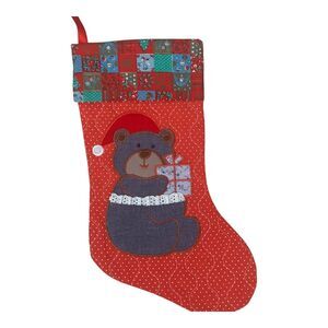 Quilted Teddy Bear Christmas Stocking Red Presents Country Cottage Farmhouse